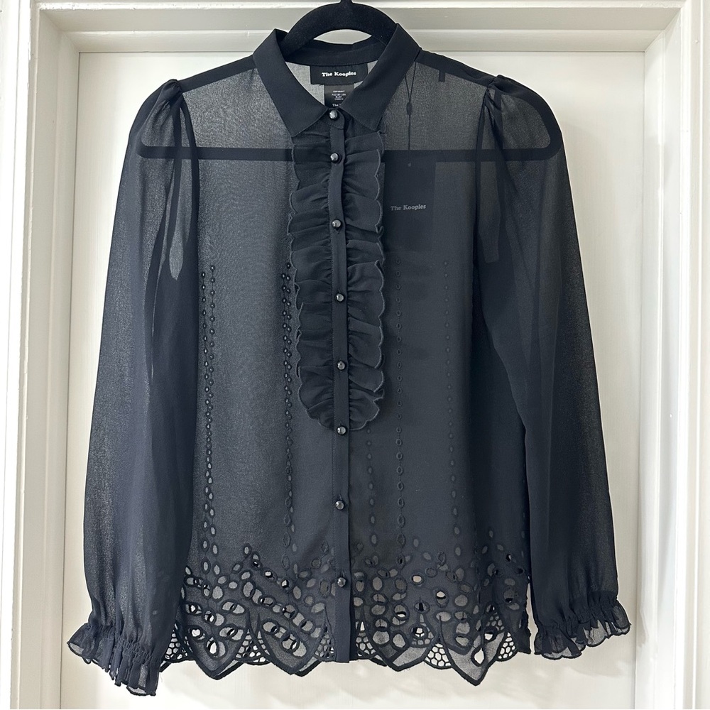 The Kooples Black Sheer Embroidered Button Down Blouse, Ruffle Front, Size XXS